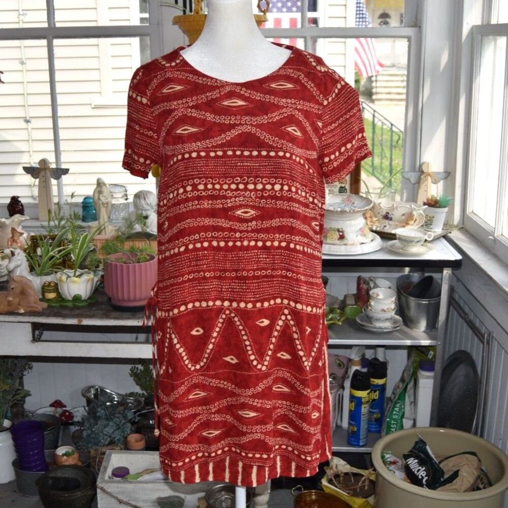 90s Carole Little Dress Size 4 Red Tribal Print Side Tie Knit Boho Casual Midi